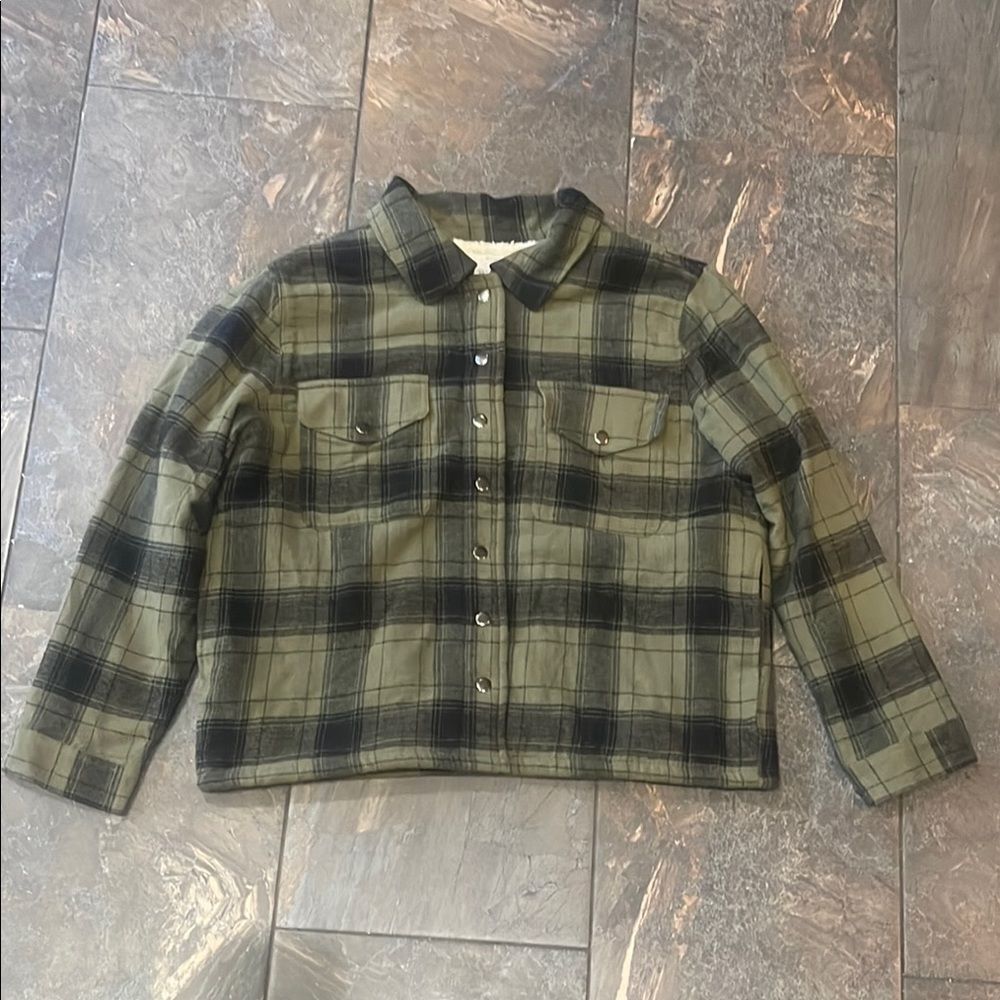 Lucky Brand Cropped Women's Hunters Green Plaid Sherpa Jacket Size Lg